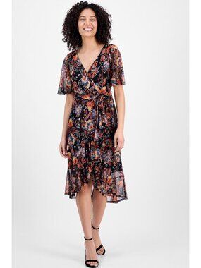 Floral Print Mesh Faux Wrap Dress With Belted Waist & Flutter Sleeves 24W Connec